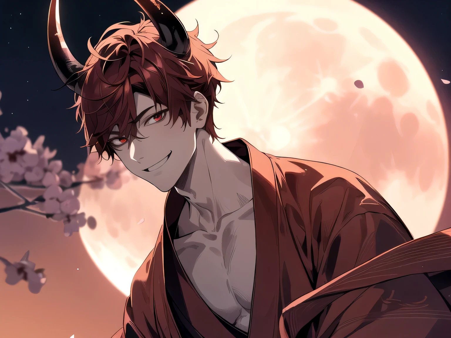Has demon horns on his head,Angle from below,Kabedon,Impressive,((Dynamic Angle)),masterpiece,male,one person,Upper Body, Face close-up,Short Red Hair, Bright atmosphere, smile,Brown skin, Dressed in a kimono and barefoot,One light butterfly,Night Full Moon,Cherry Blossoms at Night