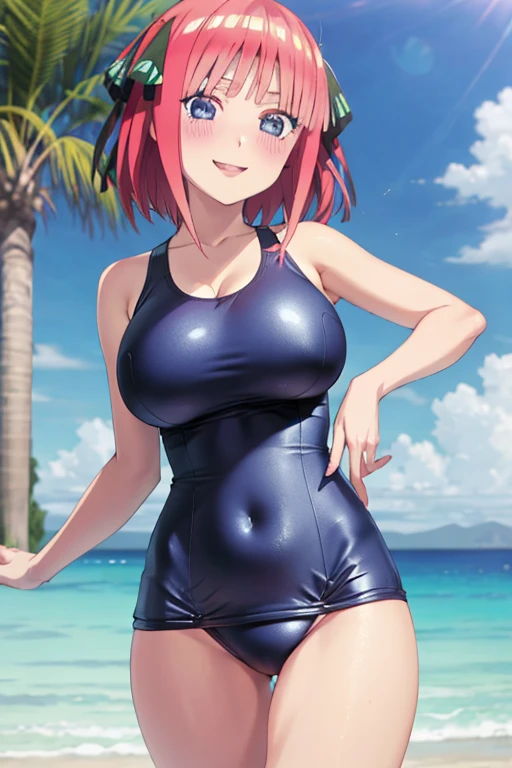 best quality, ultra-detailed masterpiece, anime art style, cute characters, nino nakano, one-piece swimsuit, large breasts, blush, smile