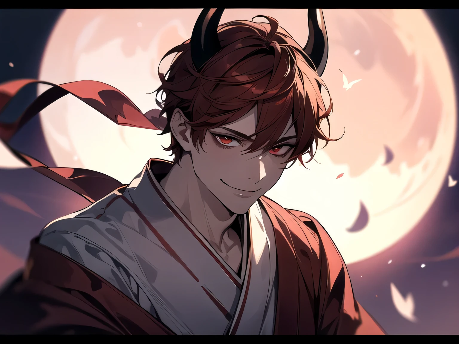 Has demon horns on his head,Angle from below,Kabedon,Impressive,((Dynamic Angle)),masterpiece,male,one person,Upper Body, Face close-up,Short Red Hair, Bright atmosphere, smile,Brown skin, Dressed in a kimono and barefoot,One light butterfly,Night Full Moon,Cherry Blossoms at Night