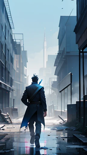 Aceme a survivor man with his back turned away and centered in the middle of a devastated and destroyed industrial revolution London city without people with small shades of blue