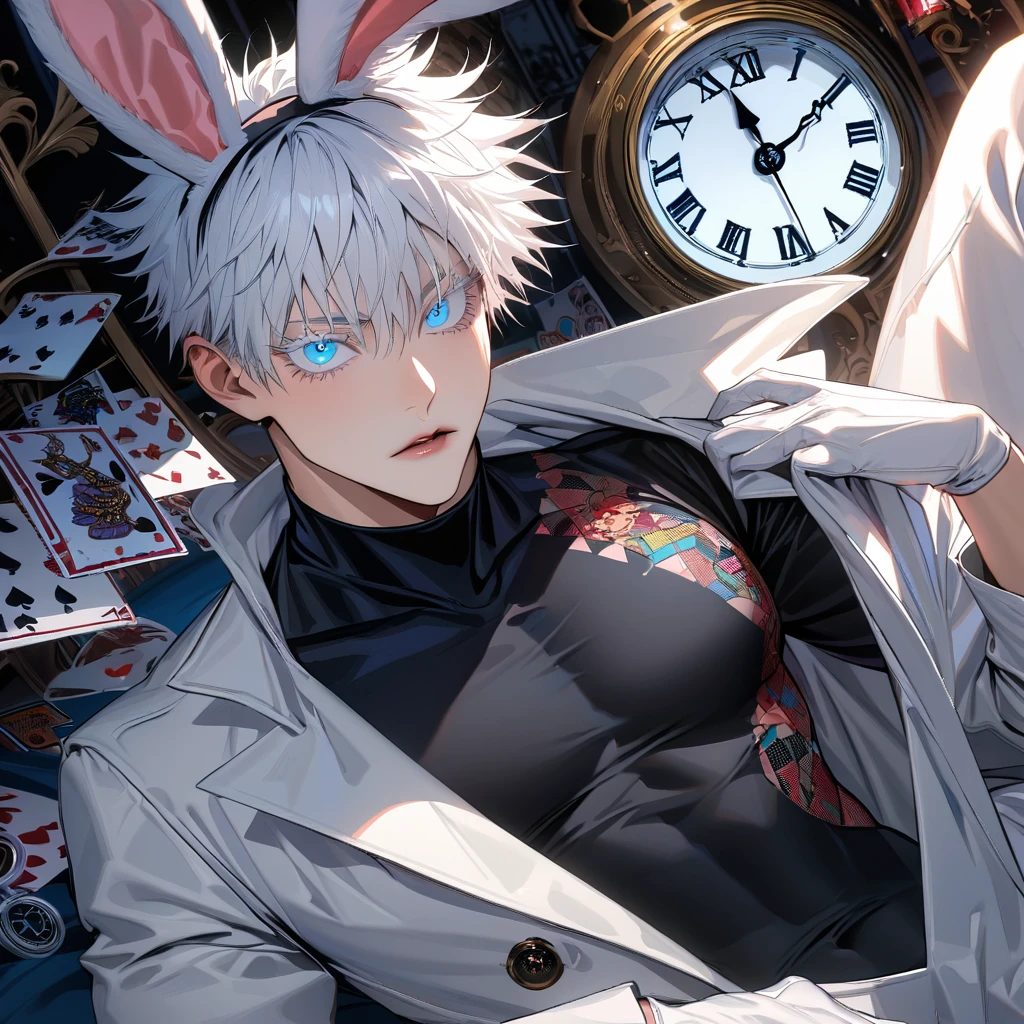 Ultra detailed, highres, absurdres, HDR, Gojou Satoru, white hair with bangs, blue eyes, white eyelashes, Jujutsu Kaisen, clock, white gloves, bunny ears, in Wonderland, sexy man, solo, handsome, very detailed face and eyes, white long coat, tone chest, heart cards, black tight shirt with patterns