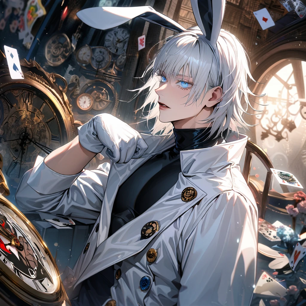 Ultra detailed, highres, absurdres, HDR, Gojou Satoru, white hair with bangs, blue eyes, white eyelashes, Jujutsu Kaisen, clock, white gloves, bunny ears, in Wonderland, sexy man, solo, handsome, very detailed face and eyes, white long coat, tone chest, heart cards, black tight shirt with patterns