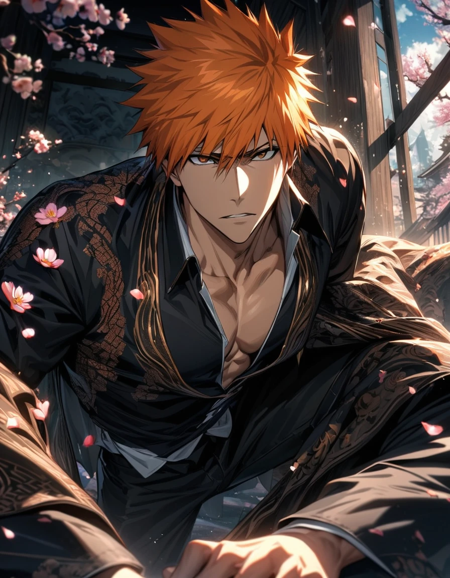 absurdres, highres, ultra detailed, HDR, masterpiece, extremely detailed face and eyes, Kurosaki Ichigo, orange hair, expressive brown eyes, Bleach, solo, sexy man, handsome, black coat, black tight shirt, toned chest, black pants, patterns, spring, blossoms, petals, birds