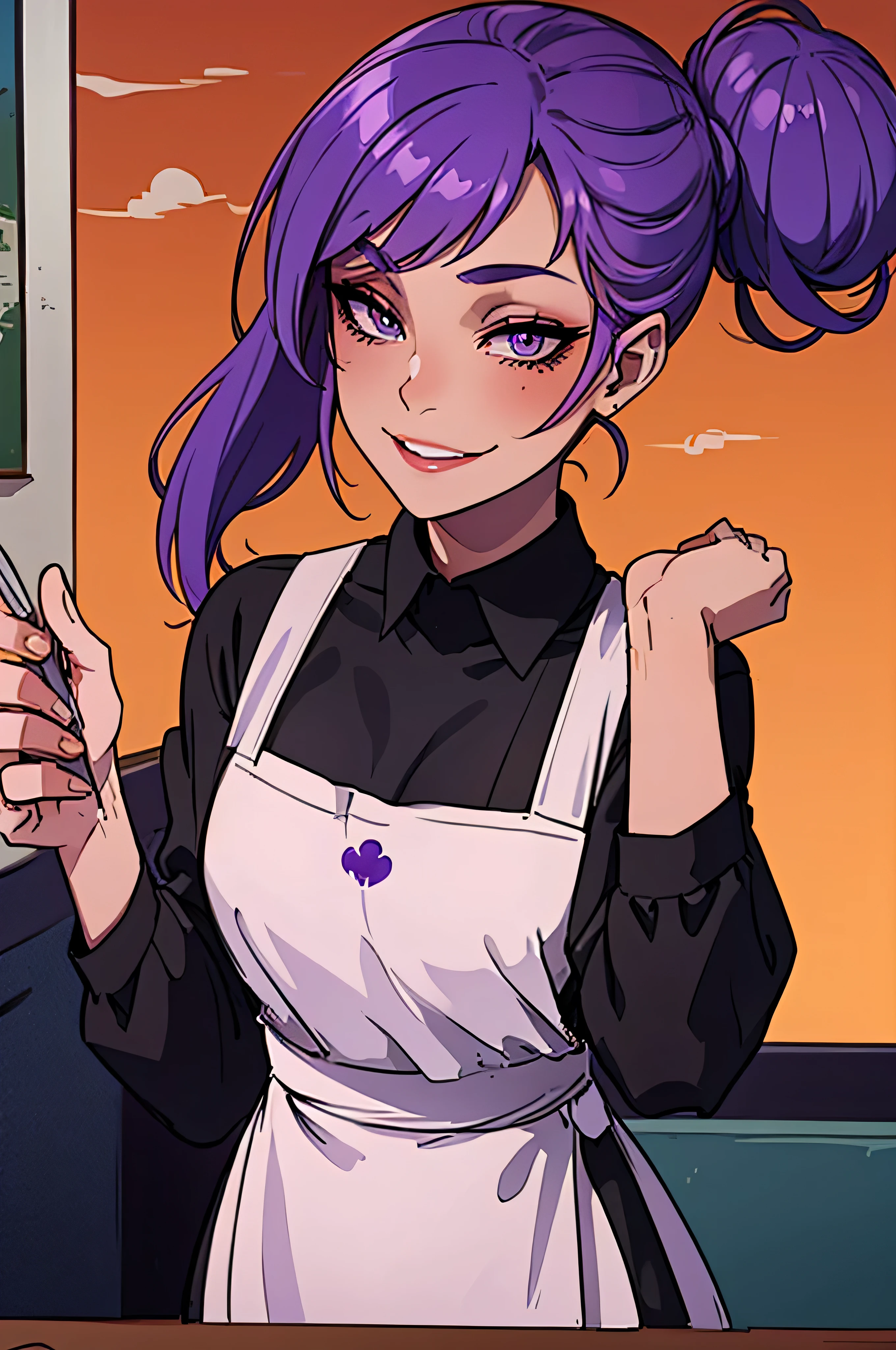Masterpiece, best quality, 20 years old, college student, portrait, portrait style photo, female, dark sun tan skin, face in center of photo, excited expression, black long sleeve shirt with white apron, short, young, coffee cup,eyes winking, big smile,no make-up, barista, peach lips, space bun hair, pastel purple hair, cafe landscape, purple eyes, cute
