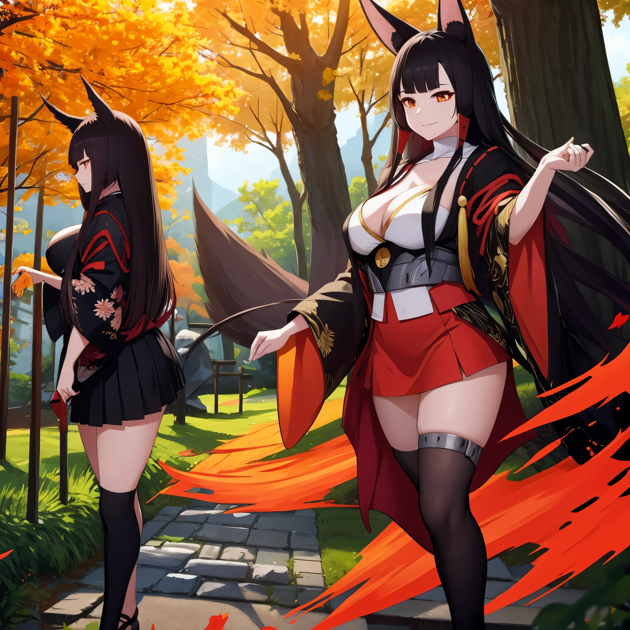 a woman wearing a red kimono with black details of flowers, short skirt, long black stockings, black women's shoes, long black hair, kitsune ears, big breasts, orange eyes, walking on a walk in a Japanese garden, with trees with orange leaves, overlooking a large, smiling lake,,(woman solo)ultra resolution, very detailed, HDR, masterpiece, 8K hd