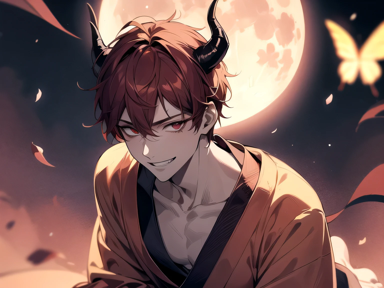 Has demon horns on his head,Angle from below,Kabedon,Impressive,((Dynamic Angle)),masterpiece,male,one person,Upper Body, Face close-up,Short Red Hair, Bright atmosphere, smile,Brown skin, Dressed in a kimono and barefoot,One light butterfly,Night Full Moon,Cherry Blossoms at Night