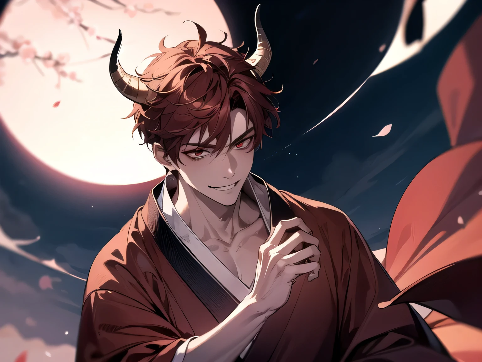 Has demon horns on his head,Angle from below,Kabedon,Impressive,((Dynamic Angle)),masterpiece,male,one person,Upper Body, Face close-up,Short Red Hair, Bright atmosphere, smile,Brown skin, Dressed in a kimono and barefoot,One light butterfly,Night Full Moon,Cherry Blossoms at Night