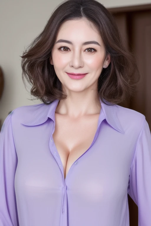 (highest quality, High resolution)))), Very detailed8K,A middle-aged Japanese woman with a glamorous body, around 50 years old, (Ultra HD, Very detailed, Very detailed, Very realistic, Ultra-Realistic Skin, Realistic photos), (1 girl:1.5), Strong wavy long hair with highlights, Bobcut, (Dynamic pose), An excited look、To the camera, A light smile, Purple eyes, (Nadium Chest: 1.2), (Beautiful and elaborate face, Fine and beautiful eyes), (A slightly large, loose-fitting navy shirt, Transparent material), Cleavage, , dripping sweat, ),Black Stockings、Loose skin、Heavy makeup、Inside the house、Brown eyes、Gloss lips