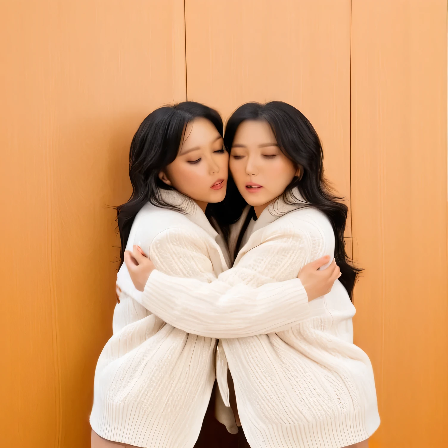 high definition, ultra-detailed, photorealistic, photo of sjang and her identical twin, hugging, kissing, black hair, black eyes, white sweater, brown jacket, indoors, realistic face, realistic facial features