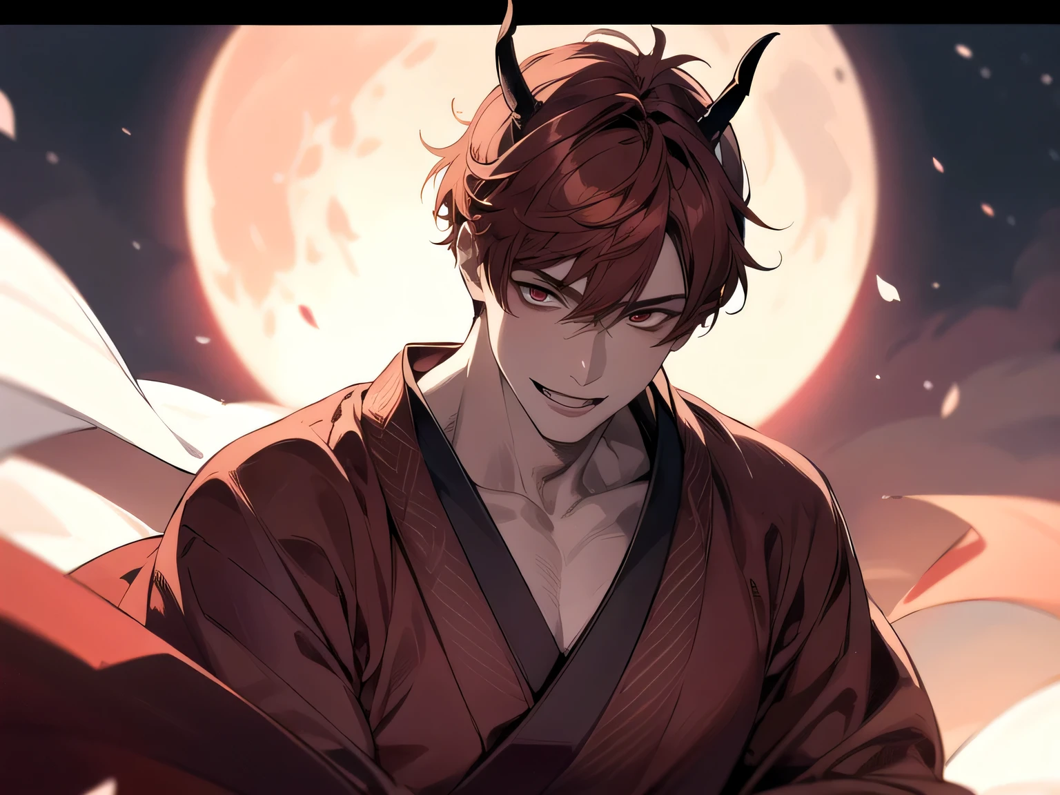 Has demon horns on his head,Angle from below,Kabedon,Impressive,((Dynamic Angle)),masterpiece,male,one person,Upper Body, Face close-up,Short Red Hair, Bright atmosphere, smile,Brown skin, Dressed in a kimono and barefoot,One light butterfly,Night Full Moon,Cherry Blossoms at Night