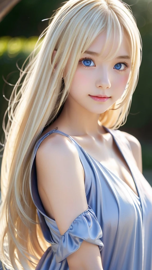 Shining, clear, white skin、Her windblown blonde hair hides her beautiful face、huge、20 years old cute sexy little beautiful face、Beautiful straight hair that stands out、growing up, Sparkling light blue eyes、long silky bangs that cover cute eyes, Sexy and cute young woman with super long hair hiding her sexy face、Super long, natural platinum blonde shiny hair