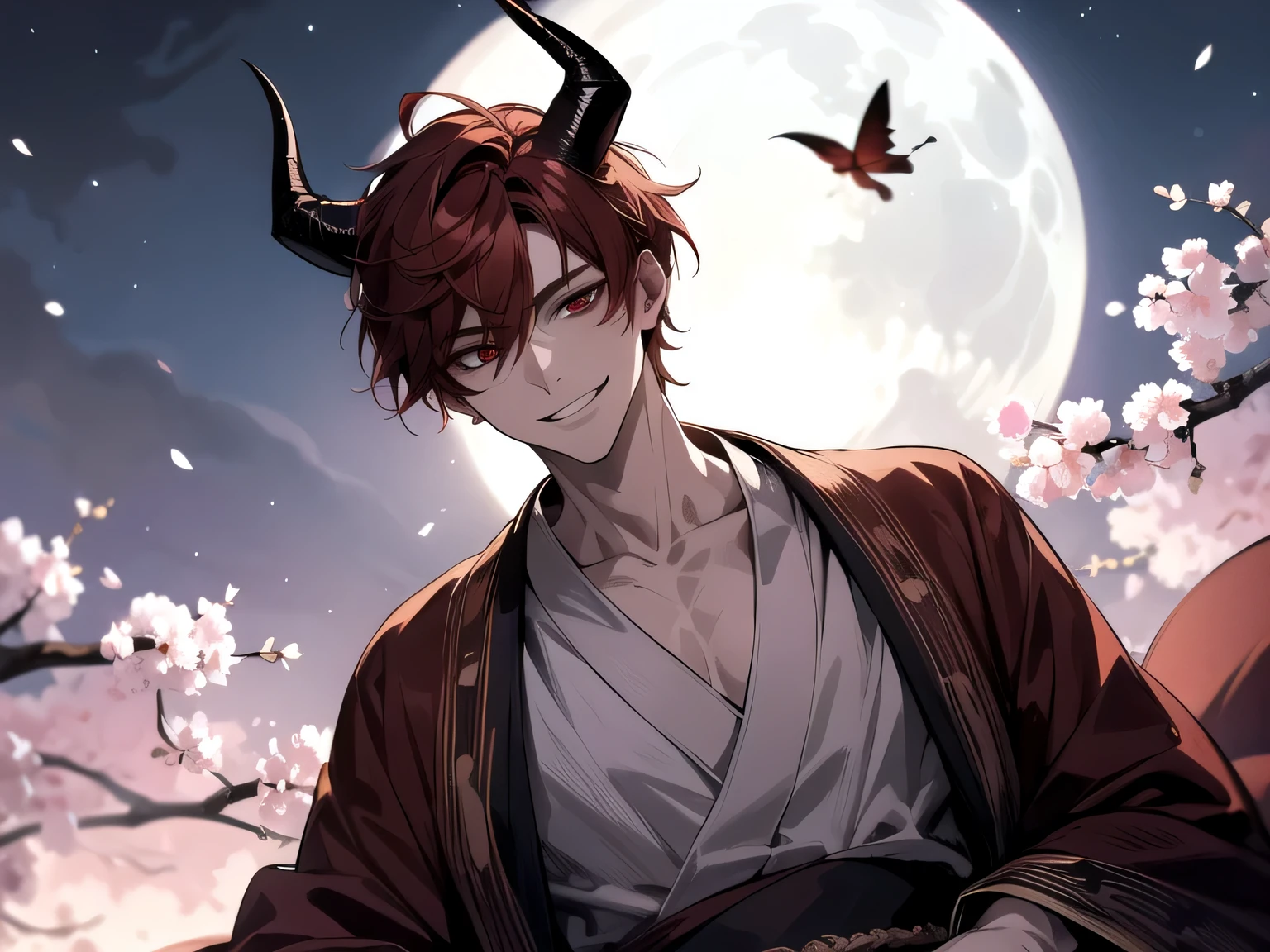 Has demon horns on his head,Angle from below,Kabedon,Impressive,((Dynamic Angle)),masterpiece,male,one person,Upper Body, Face close-up,Short Red Hair, Bright atmosphere, smile,Brown skin, Dressed in a kimono and barefoot,One light butterfly,Night Full Moon,Cherry Blossoms at Night