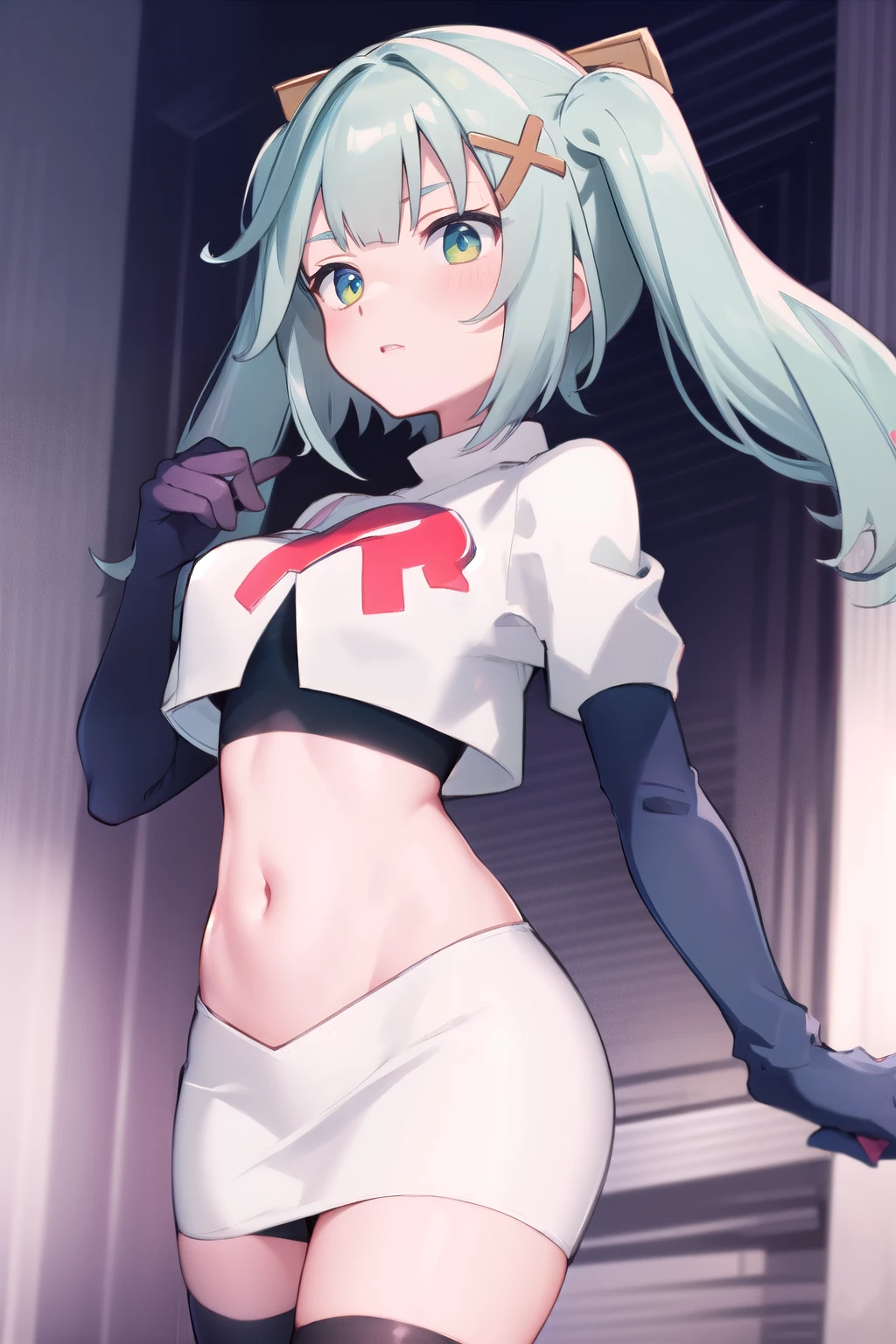 faruzandef, blush, short hair,twin ponytails, team rocket,team rocket uniform,white skirt,red letter R,crop top,black thigh-highs,black elbow gloves
