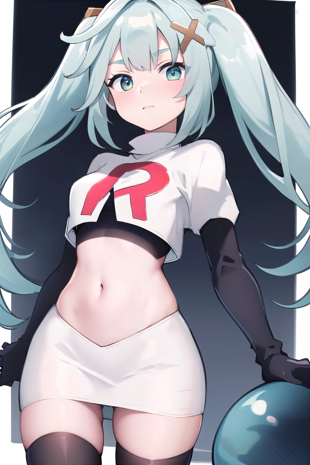 faruzandef, blush, short hair,twin ponytails, team rocket,team rocket uniform,white skirt,red letter R,crop top,black thigh-highs,black elbow gloves