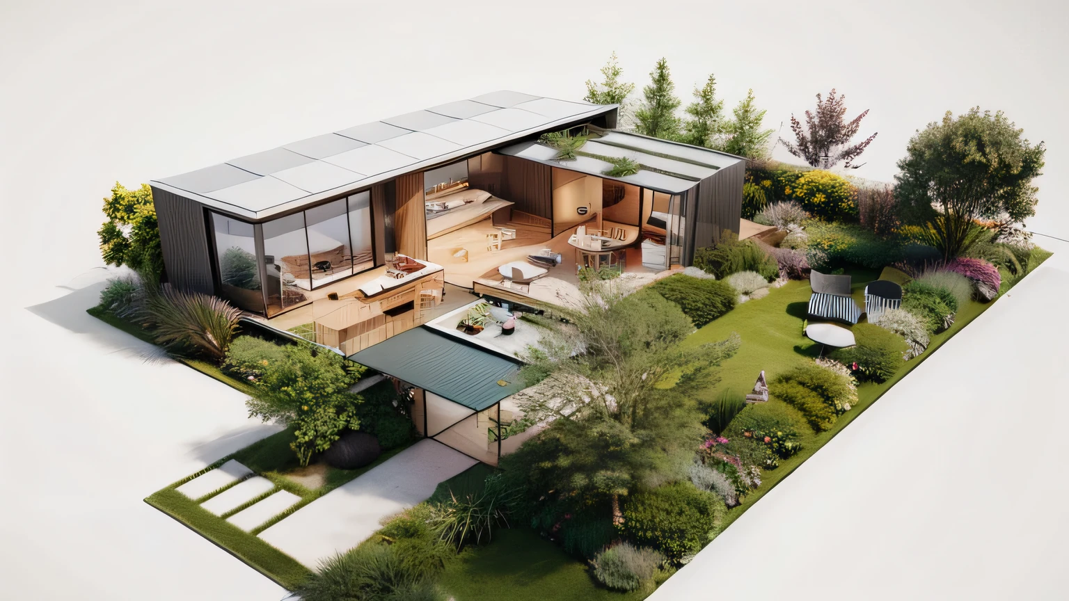 Space-style house with garden and terrace renderings, concept house, Rendering, Photos from 2022, Zoom out, Wide Angle Exterior 2022, Highly photographic rendering, Spell Rendering, hq very detailed, luxcore Rendering, The above points, Fully detailed rendering, Watch from above, The concept of reality, Watch from above
