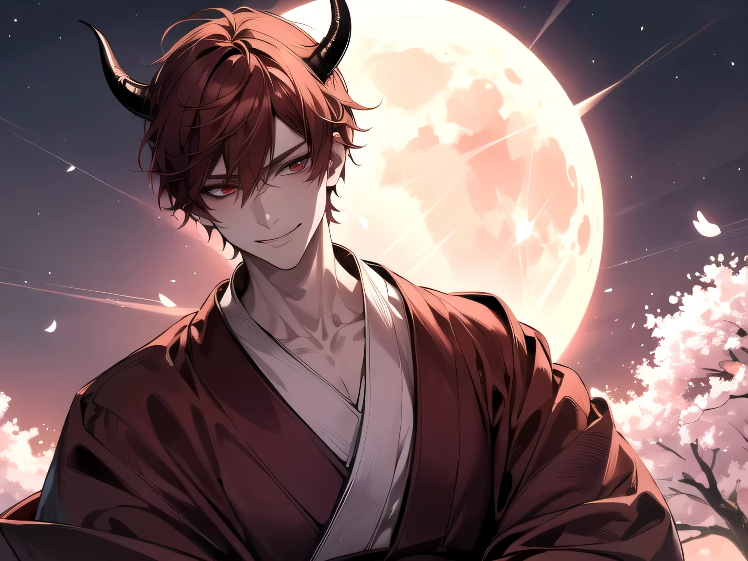 Has demon horns on his head,Angle from below,Kabedon,Impressive,((Dynamic Angle)),masterpiece,male,one person,Upper Body, Face close-up,Short Red Hair, Bright atmosphere, smile,Brown skin, Dressed in a kimono and barefoot,One light butterfly,Night Full Moon,Cherry Blossoms at Night