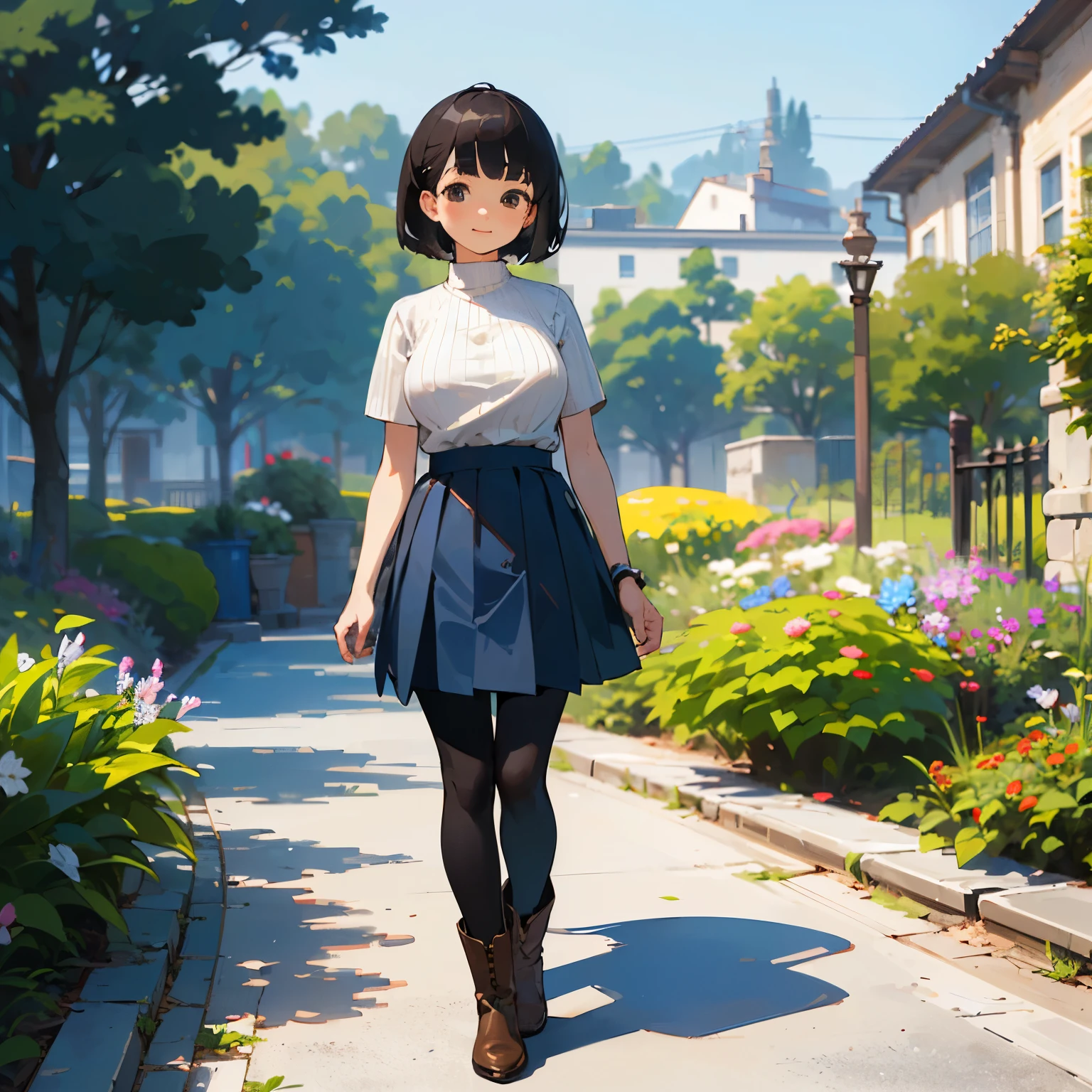 (high quality, High resolution, Very detailed, reality:1.37), Peaceful atmosphere, (Outdoor, garden), teenage girl standing alone, (my breasts are big.), Beautiful detail features, Cute Smile, (Black bob hair), Short sleeve ribbed sweater, Blue Skirt, Black tights, Brown boots.
