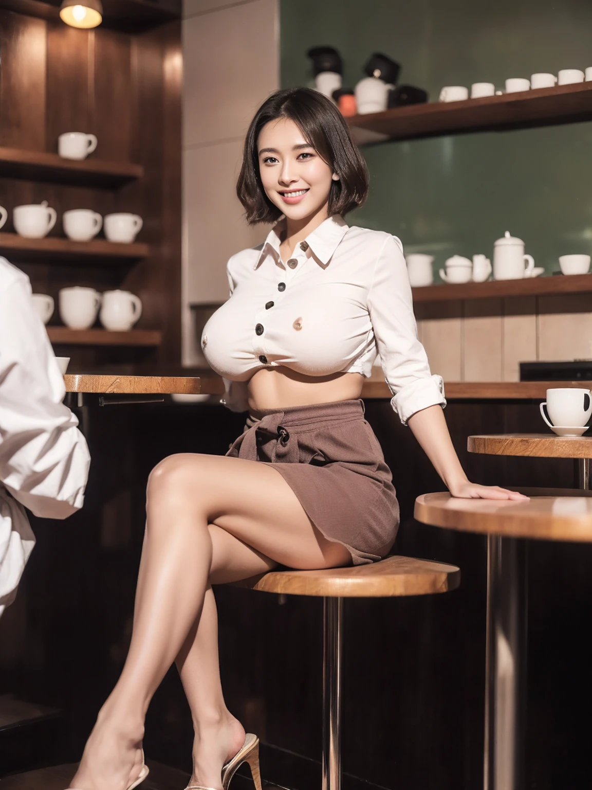 (8K,RAW Photos,highest quality,masterpiece:1.5),(Watching the audience:1.5),(Mature Woman:1.5),smile,(Black Hair),(live-action:1.5),(Realistic expression:1.5),(Big Breasts:1.5),(Narrow waist:1.5),(Thin and beautiful legs:1.5),(Slender:1.4),Showing beautiful teeth,(One Japanese woman:1.6),(sitting in a cafe:1.5),(Close all the buttons on your blouse:1.5),(Nobody Background 1.5),(Less exposure:1.5),(Woman in her 50s:1.5),(Short Hair:1.5)