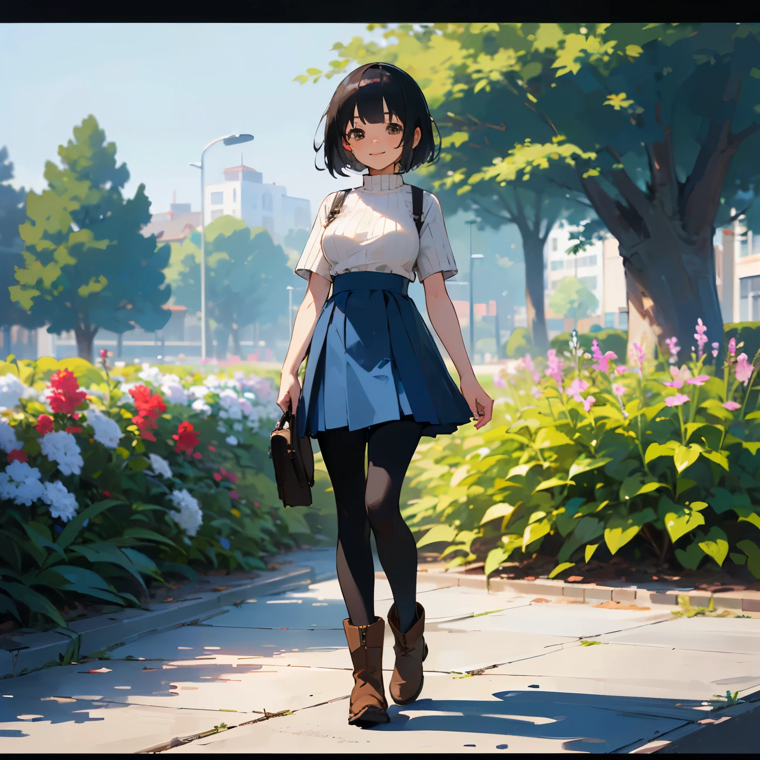 (high quality, High resolution, Very detailed, reality:1.37), Peaceful atmosphere, (Outdoor, garden), teenage girl standing alone, (my breasts are big.), Beautiful detail features, Cute Smile, (Black bob hair), Short sleeve ribbed sweater, Blue Skirt, Black tights, Brown boots.