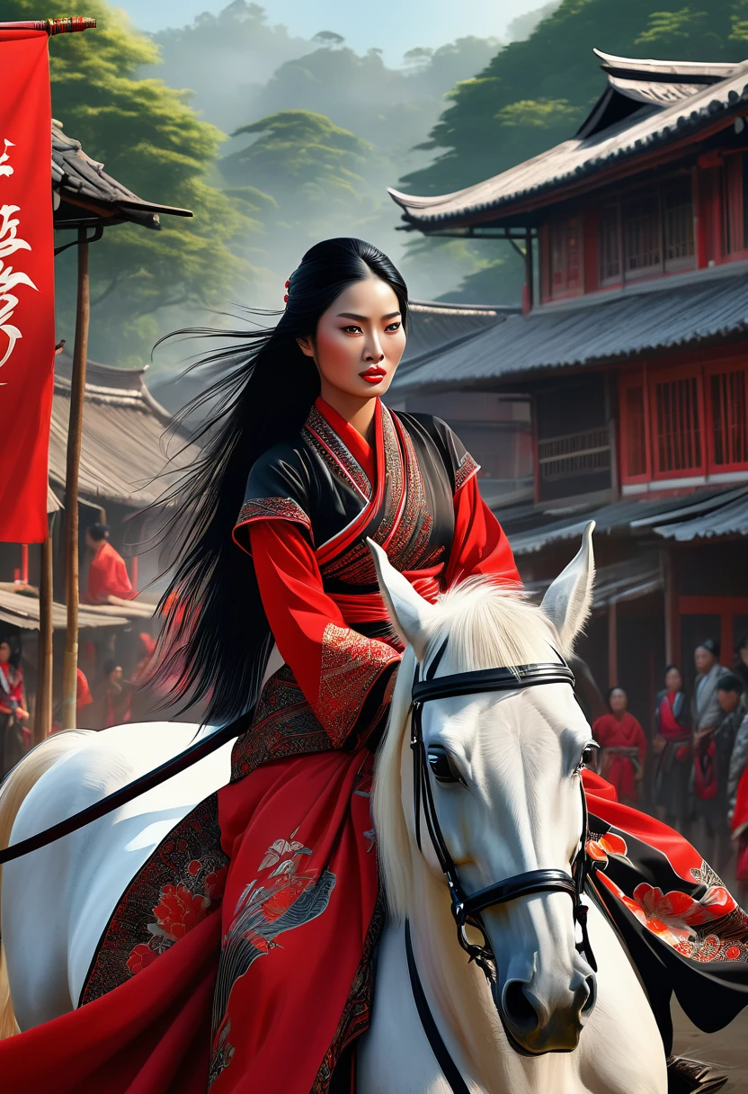 A stunning 3D hyperrealistic illustration of a Javanese village woman dressed in vibrant red attire and a black shawl. Her long, black hair is adorned with a red ribbon, and she confidently rides a majestic white horse. She leads a samurai warrior into battle, exuding an aura of grace, courage, and heroism. The background is a chaotic scene of warfare, with the architecture of the village bathed in bright, dramatic light. The detailed, intricate artwork is signed by the artist "Yossy"., illustration, poster, architecture, 3d render, photo