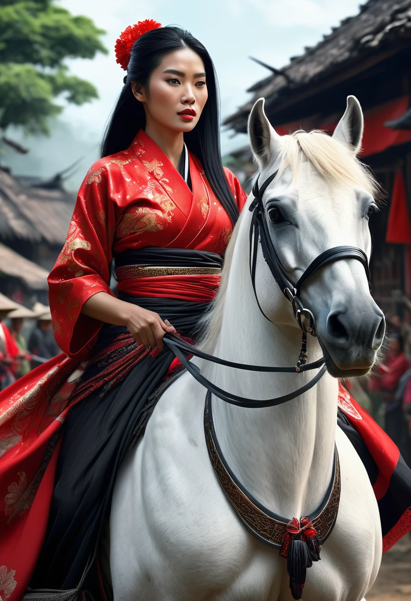 A stunning 3D hyperrealistic illustration of a Javanese village woman dressed in vibrant red attire and a black shawl. Her long, black hair is adorned with a red ribbon, and she confidently rides a majestic white horse. She leads a samurai warrior into battle, exuding an aura of grace, courage, and heroism. The background is a chaotic scene of warfare, with the architecture of the village bathed in bright, dramatic light. The detailed, intricate artwork is signed by the artist "Yossy"., illustration, poster, architecture, 3d render, photo