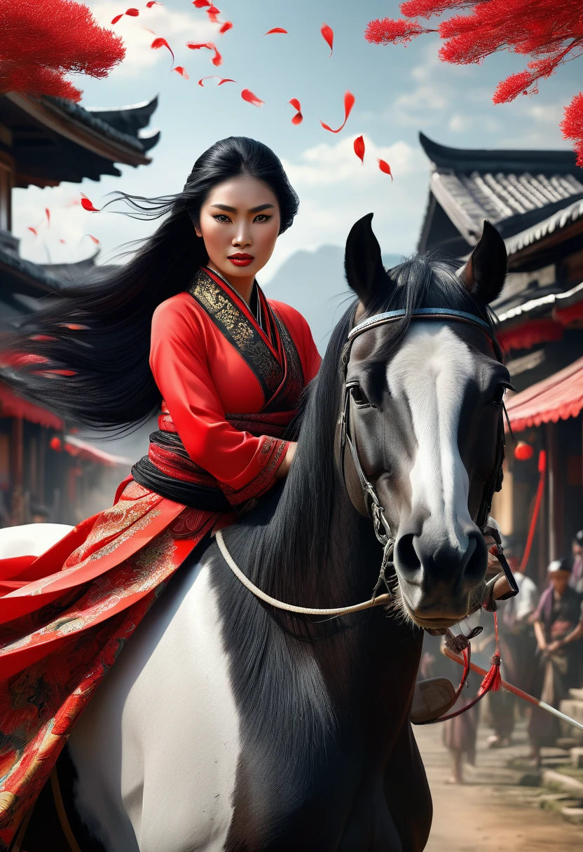 A stunning 3D hyperrealistic illustration of a Javanese village woman dressed in vibrant red attire and a black shawl. Her long, black hair is adorned with a red ribbon, and she confidently rides a majestic white horse. She leads a samurai warrior into battle, exuding an aura of grace, courage, and heroism. The background is a chaotic scene of warfare, with the architecture of the village bathed in bright, dramatic light. The detailed, intricate artwork is signed by the artist "Yossy"., illustration, poster, architecture, 3d render, photo