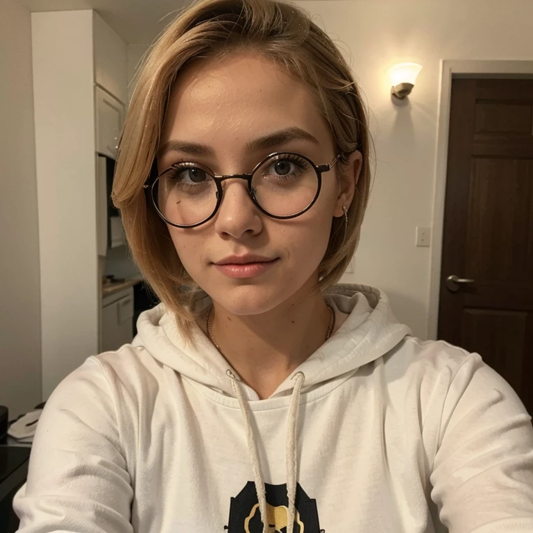Chica rubia de pelo corto, con lentes, atractiva, selfie, con sudadera
