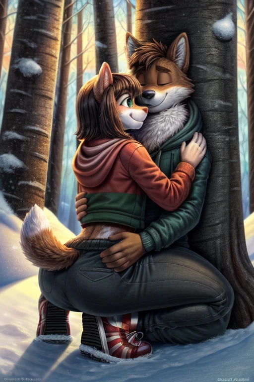 ((best quality)), ((masterpiece)), (detailed), perfect face, Furry, male, anthropomorphic wolf, Russet brown fur, dark brown hair, dark green eyes, 6'1 and 173 lbs, 41" Chest, 19" Shoulders, 13" Biceps, 32" waist, 23" Thighs, 15" Calves, 19" Back, wearing Spring Green Anorak, wearing fur lined Anorak, wearing black sweat pants, wearing dark slate gray slip on shoes, Winter scene, forest scene, birch forest, located back behind a suburban cul-de-sac, cloudy skies, gray skies, crepuscular rays, twilight, on knees, eyes closed, warm smile, gentle smile, comforting smile, gently hugging snowman, beside snowman, to the left of snowman, dynamic lighting, perfect shading, soft shading, soft colors, vivid colors, pastel colors, Liminal space, dream core, nostalgia core, Anemoia, Kenopsia 