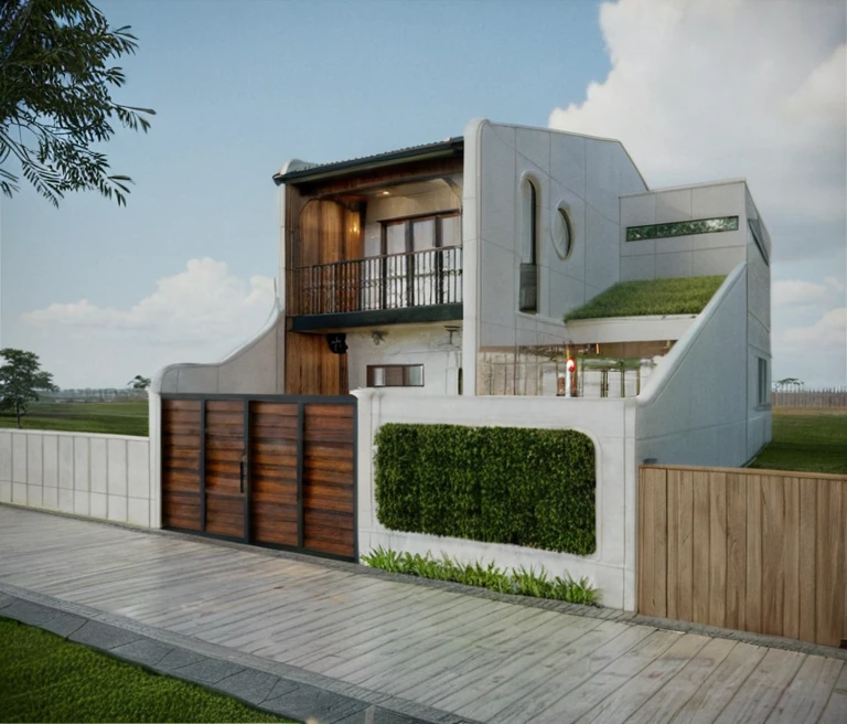 exterior house, contemporary style, white wall, wood wall, wood door, glass window, (realistic:1.2), Masterpiece, high quality, best quality, authentic, super detail, outdoors,road,pavement, grass, trees, sky, cloud, (daylight:1.1)
