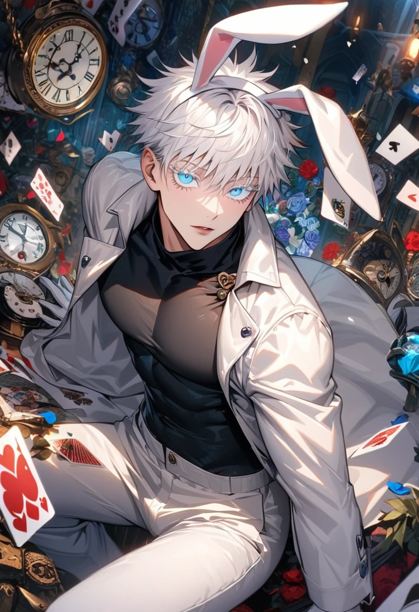 Ultra detailed, highres, absurdres, HDR, Gojou Satoru, white hair with bangs, blue eyes, white eyelashes, Jujutsu Kaisen, clock, white gloves, bunny ears, in Wonderland, sexy man, solo, handsome, very detailed face and eyes, white long coat, tone chest, heart cards, black tight shirt with patterns, white pants,