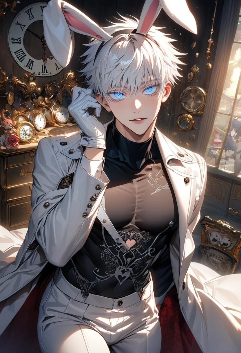 Ultra detailed, highres, absurdres, HDR, Gojou Satoru, white hair with bangs, blue eyes, white eyelashes, Jujutsu Kaisen, clock, white gloves, bunny ears, in Wonderland, sexy man, solo, handsome, very detailed face and eyes, white long coat, tone chest, heart cards, black tight shirt with patterns, white pants,