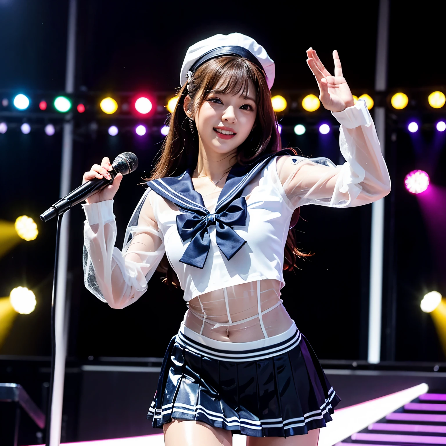 Best Quality、Super detailed、Realistic、Portrait、Stage Light、Energetic Movement、sweating、Incredible atmosphere、Teenage girl、solo、Admiration and idolization、excited、professional、mini skirt、microphone、music、celebration、crowd、Arena、Beauty、(Tight, transparent latex sailor suit and miniskirt:1.45)、(Sailor Hat、ribbon)、 Talented performance、Infectious Energy、Passionate Fans、An unforgettable show、Confetti、support、high energy、dance、Visual spectacle、happiness、Bright colorusic祭、Memorable moments、Teen Idol、Inspiring performances、Happy memories、