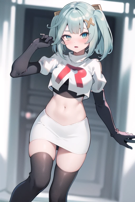 faruzandef, blush, short hair,twin ponytails, team rocket,team rocket uniform,white skirt,red letter R,crop top,black thigh-highs,black elbow gloves