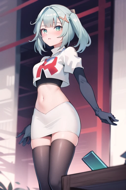 faruzandef, blush, short hair,twin ponytails, team rocket,team rocket uniform,white skirt,red letter R,crop top,black thigh-highs,black elbow gloves