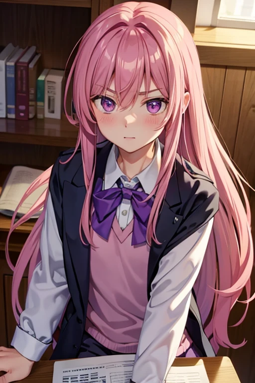 A handsome pink haired man with violet eyes with long hair in a magical student is sitting on a desk with a blush