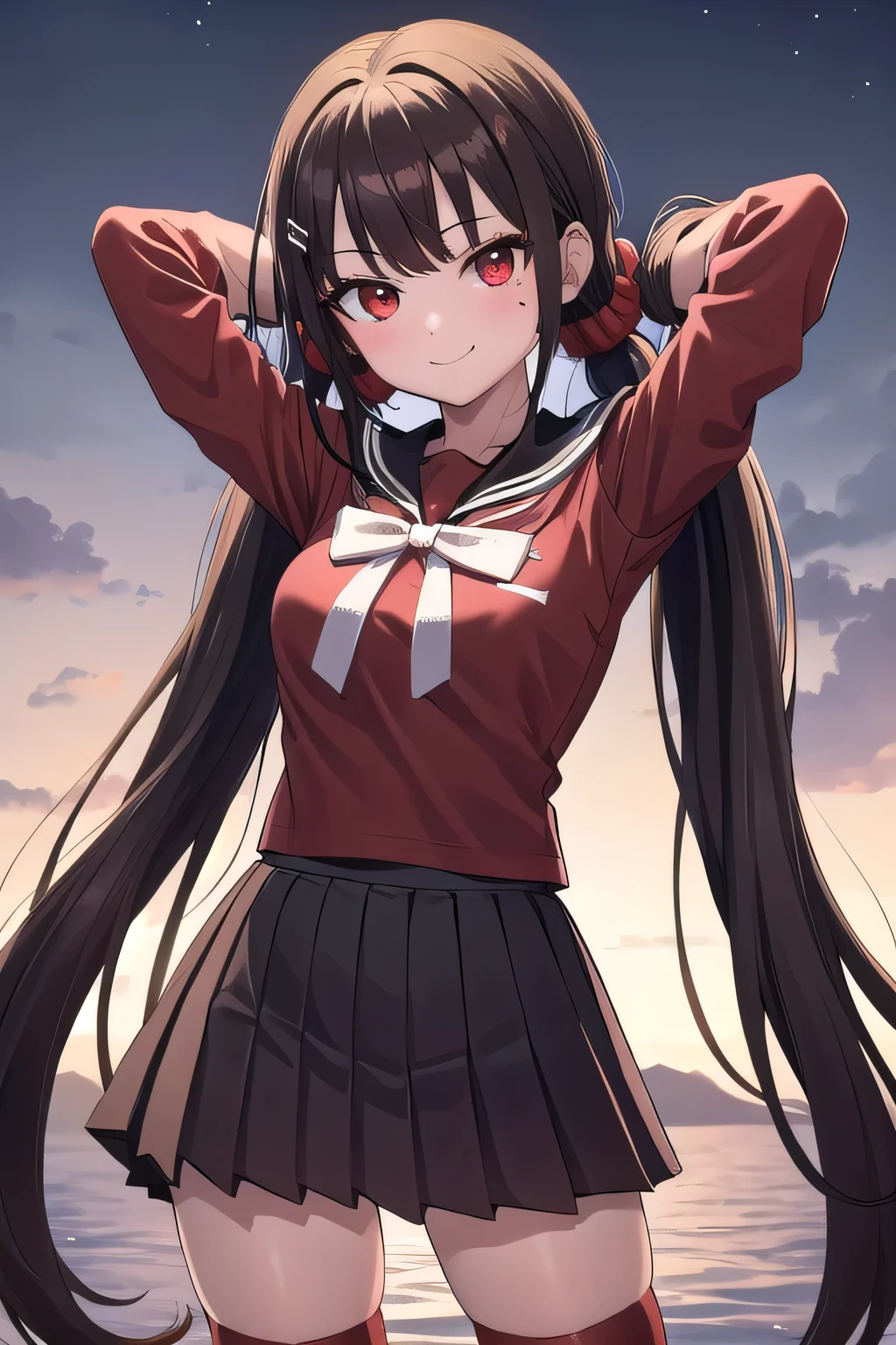 masterpiece, best quality, ultra-high-detailed, Harumaki, red eyes, brown hair, low twintails, red scrunchie, mole under eye, hairclip, white bow, red serafuku, black sailor collar,  black skirt, pleated skirt, sleeves rolled up, red thighhighs, solo, (cowboy shot:1.5), night sky, forest, arms behind head, contrapposto, shy smile, spread armpits, shy smile, looking at viewer,