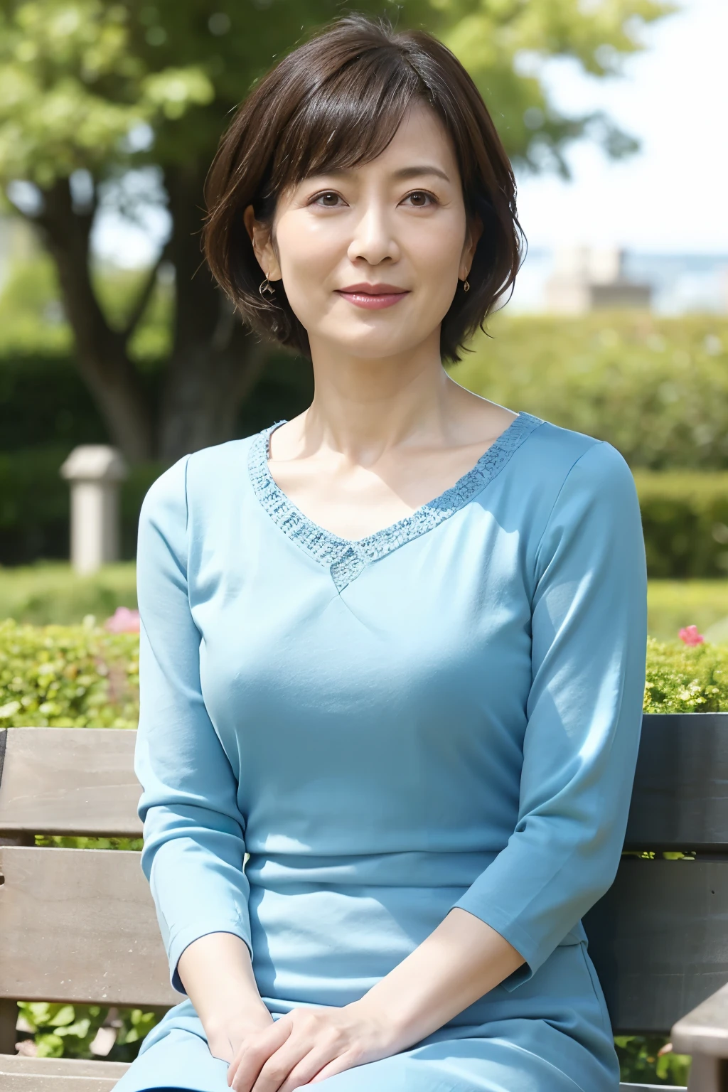 best quality, 8k, masterpiece, Photorealism, Practical, 1. Beautiful Japanese woman, Mature woman, 40 years old, Delicate skin texture, short hair, Good breast shape, Light blue knitted V-neck dress, sitting on a park bench, (View audience), 