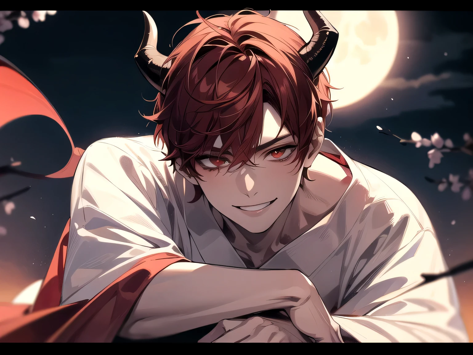 Has demon horns on his head,Angle from below,Kabedon,Impressive,((Dynamic Angle)),masterpiece,male,one person,Upper Body, Face close-up,Short Red Hair, Bright atmosphere, smile,Brown skin, Dressed in a kimono and barefoot,One light butterfly,Night Full Moon,Cherry Blossoms at Night