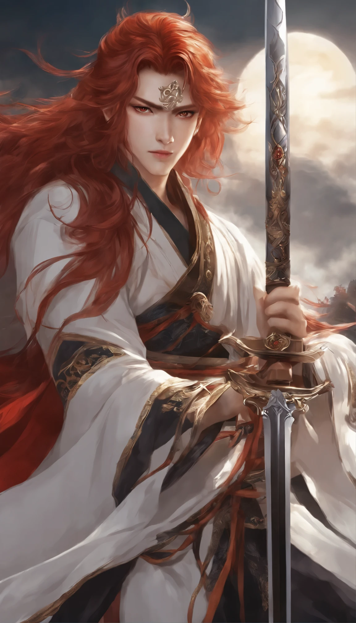anime character with red hair holding a sword and a sword, Crono, Advanced digital animation art”, Erlang Shen in Chinese Mythology，White hair，Tenjin，Armed with a sword，Auspicious Clouds，, Shikanosuke Yagaki, Legendary god holding a long sword,  Handsome Japanese demon boy, Anime Art, , Dragon King, only, Yuno