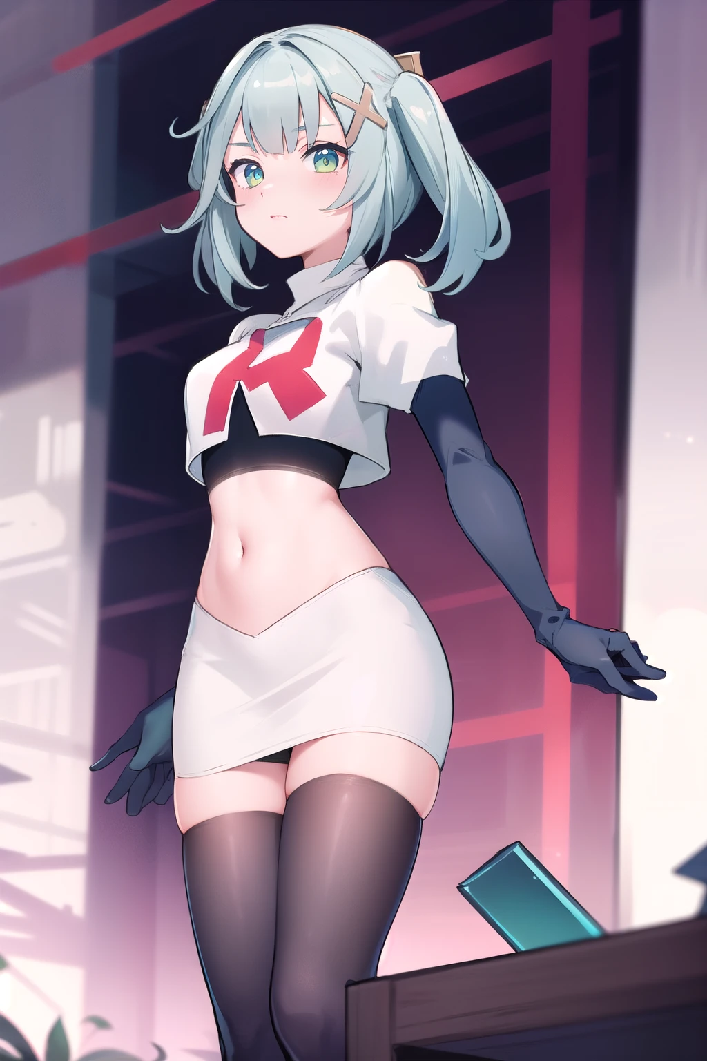 faruzandef, blush, short hair,twin ponytails, team rocket,team rocket uniform,white skirt,red letter R,crop top,black thigh-highs,black elbow gloves