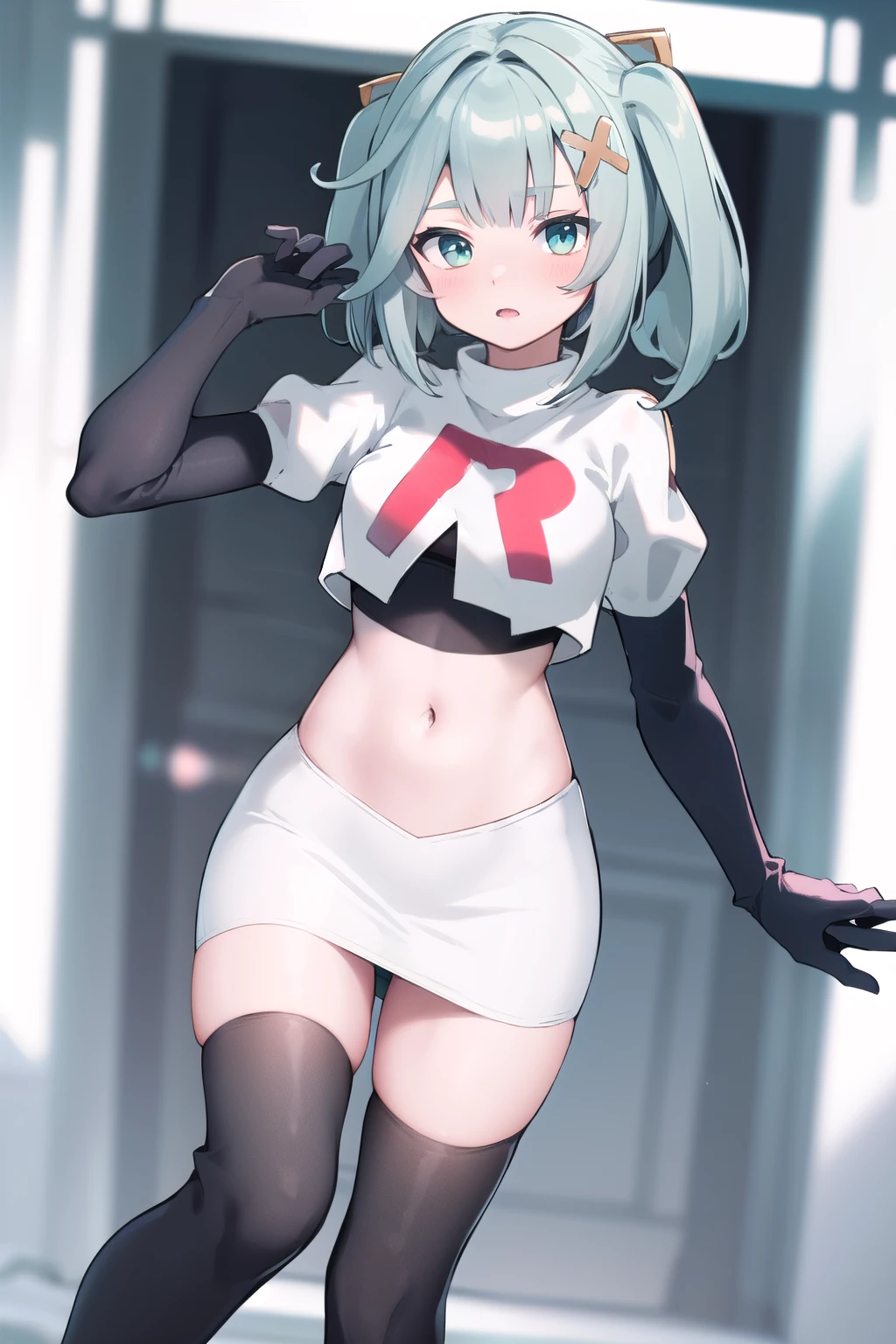 faruzandef, blush, short hair,twin ponytails, team rocket,team rocket uniform,white skirt,red letter R,crop top,black thigh-highs,black elbow gloves