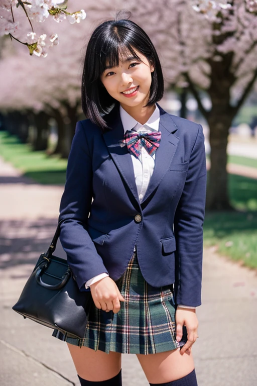 highest quality,(smile),(cowboy shot),(school uniform),(Student bag),(Black Bag),(There is one bag:1.5),(Navy Blue Blazer),(The blazer is long),A bow tie,(green tartan skirt),(White knee-high socks),Long face,Black hair bob,Cherry blossom trees