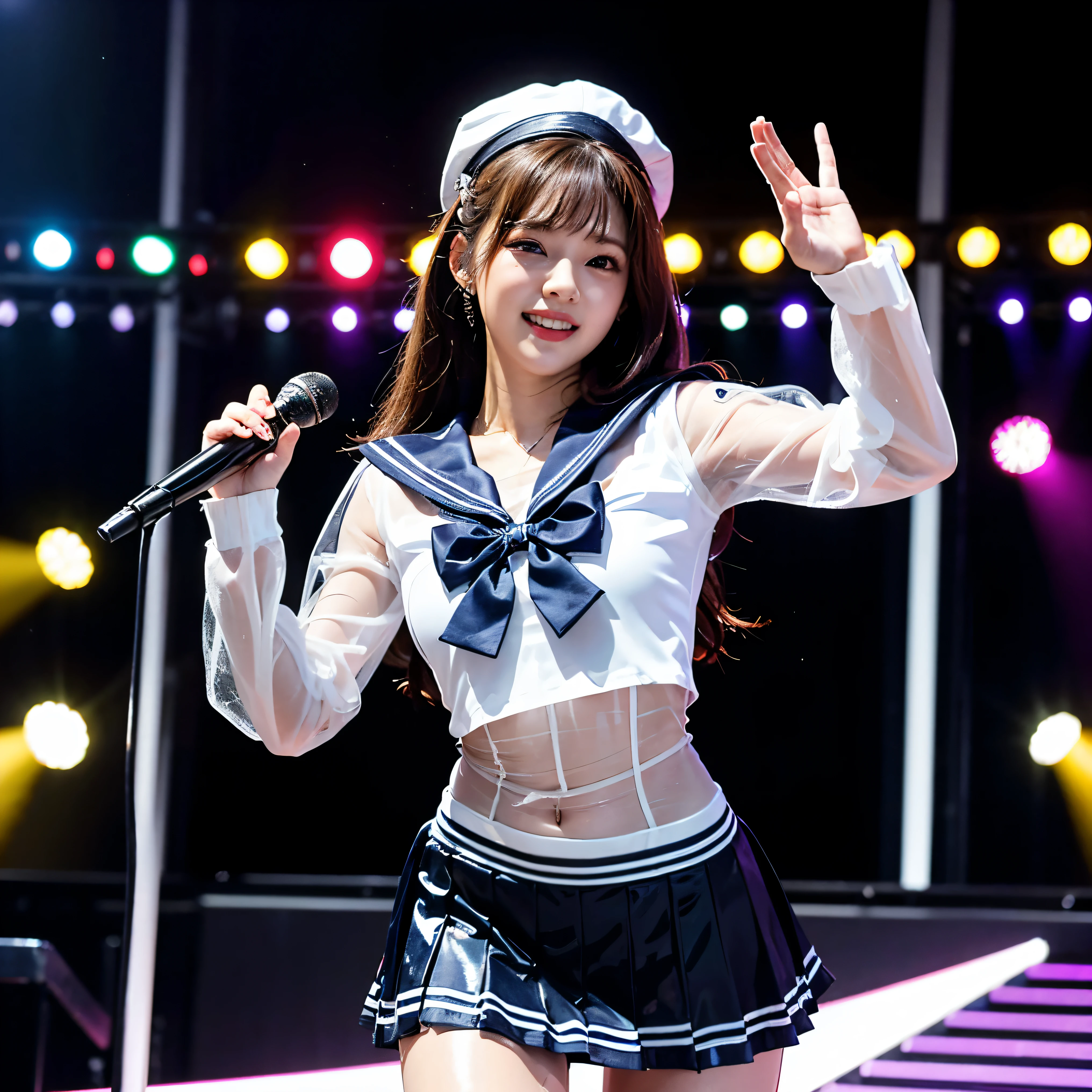 Best Quality、Super detailed、Realistic、Portrait、Stage Light、Energetic Movement、sweating、Incredible atmosphere、age girl、solo、Admiration and idolization、excited、professional、mini skirt、microphone、music、celebration、crowd、Arena、Beauty、(Tight, transparent latex sailor suit and miniskirt:1.45)、(Sailor Hat、ribbon)、 Talented performance、Infectious Energy、Passionate Fans、An unforgettable show、Confetti、support、high energy、dance、Visual spectacle、happiness、Bright colorusic祭、Memorable moments、Teenl、Inspiring performances、Happy memories、