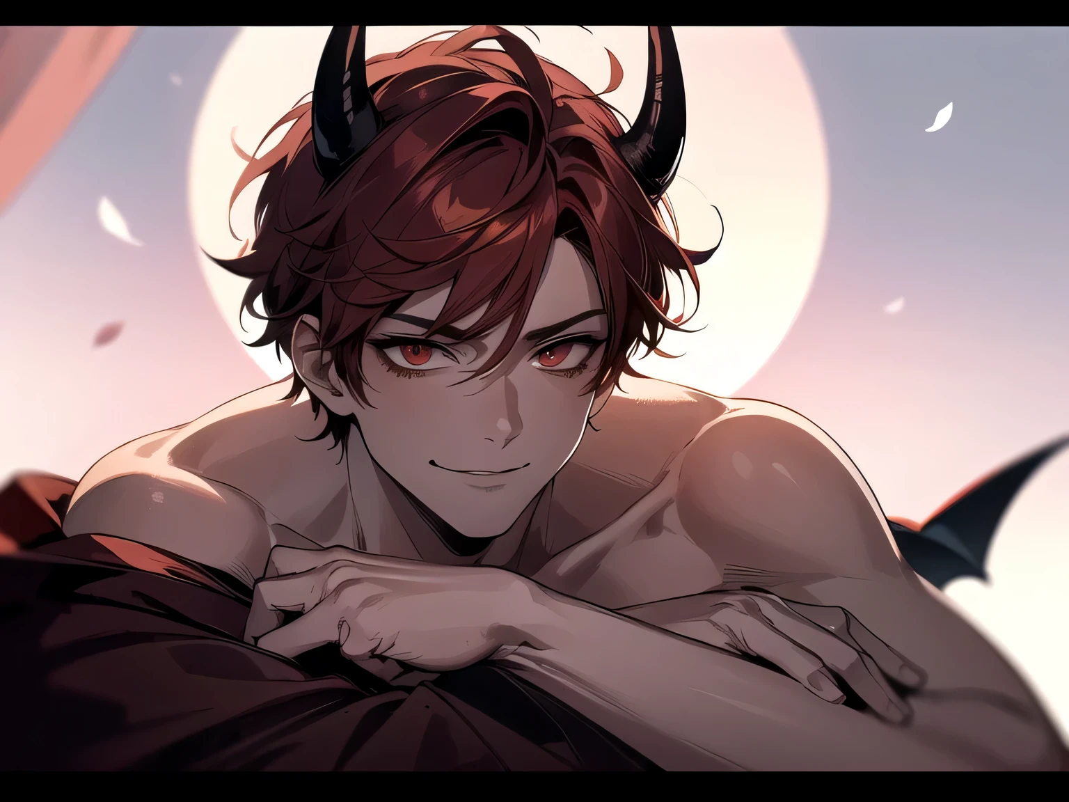 Has demon horns on his head,Angle from below,Kabedon,Impressive,((Dynamic Angle)),masterpiece,male,one person,Upper Body, Face close-up,Short Red Hair, Bright atmosphere, smile,Brown skin, Dressed in a kimono and barefoot,One light butterfly,Night Full Moon,Cherry Blossoms at Night