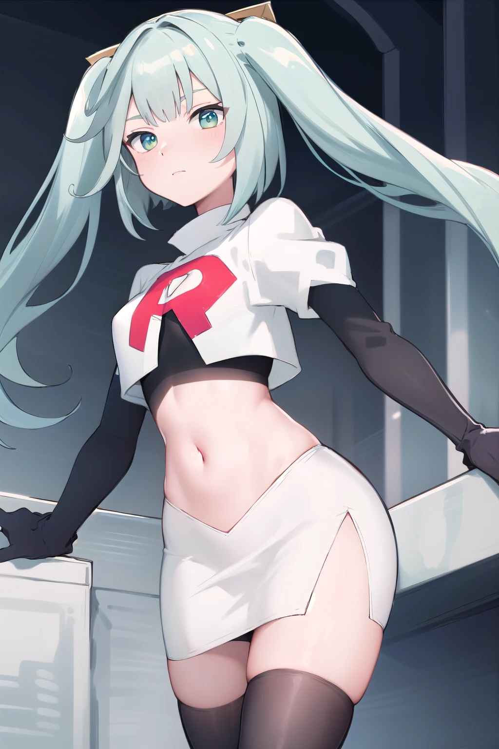 faruzandef, blush, short hair,twin ponytails, team rocket,team rocket uniform,white skirt,red letter R,crop top,black thigh-highs,black elbow gloves