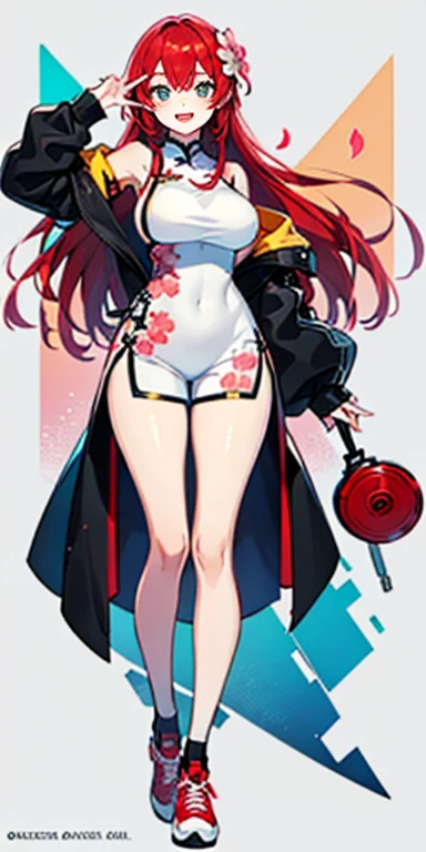 ({High-precision drawing in every detail} Extremely high-precision drawing), {High resolution}, [[blank background]], perfect anime girl, 1girl, solo, {tall girl}, standing, full body, full_body, looking at viewer, modeling pose, long hair, very long hair, redhair, redhead, ruby hair, blue lock, green eyes, smiling, happy face, :d, bare shoulders, large breasts, {top breast}, sideboob, short qipao, qipao shorts, {qipao with sakura flowers}, long legs, {thick legs}, {{{beautiful legs}}}, skate sports shoes, Visual Illustration, kawaii, photography