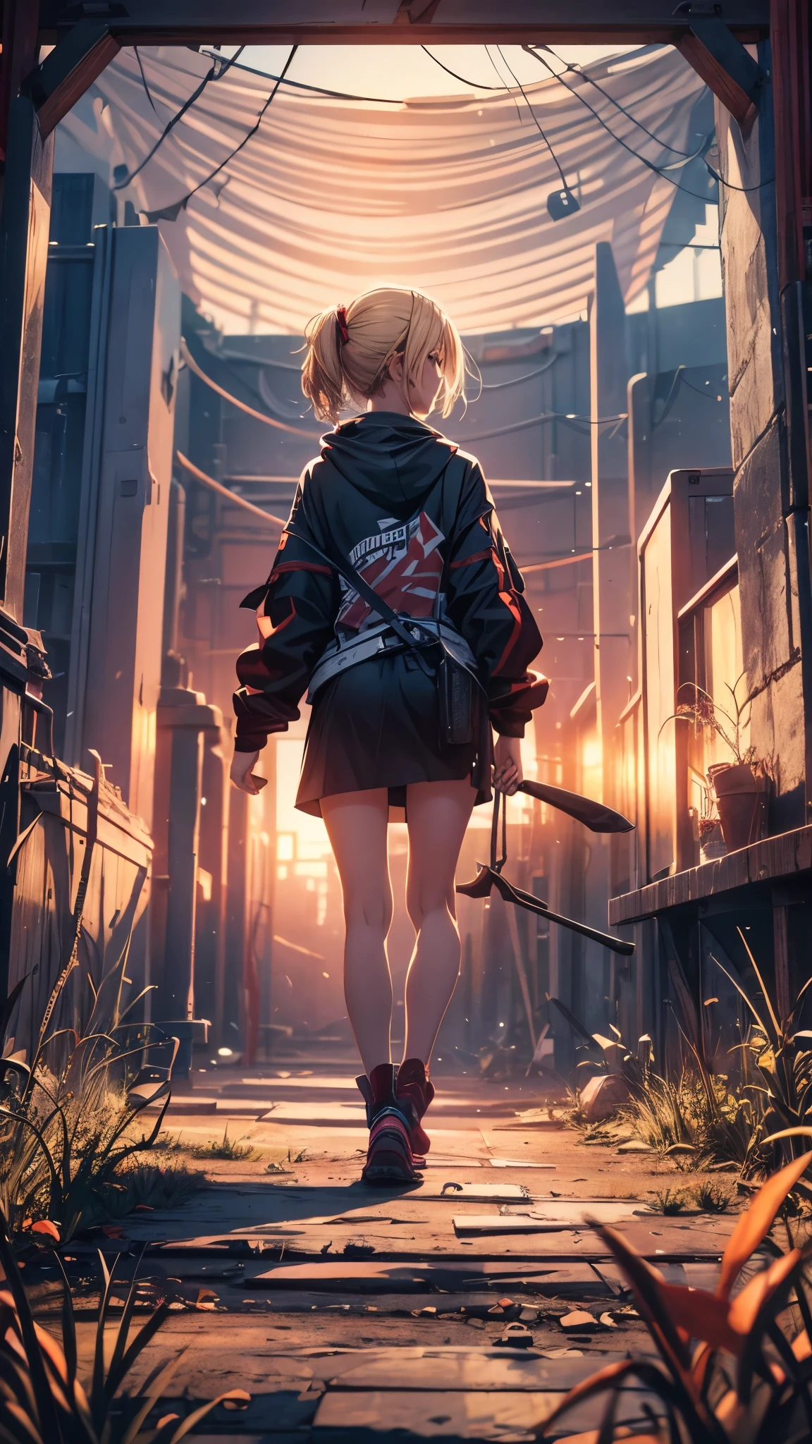 outside the red sky,A girl standing alone on a huge empty glass land,ruin,there is nobody in the huge grassland,A woman in her 20s with short blonde hair,(woman close up)