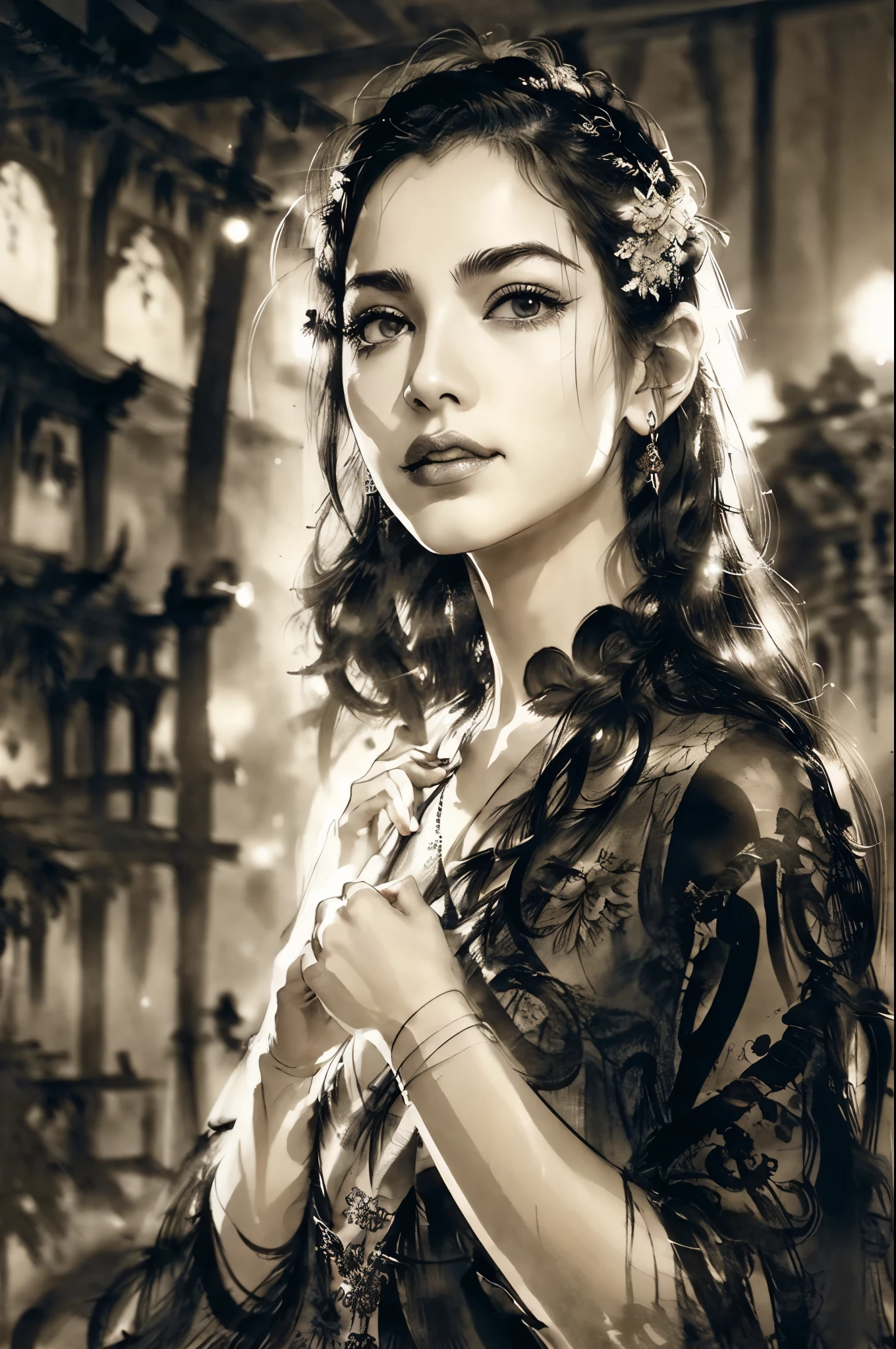 black and white tones:1.3, masterpiece, best quality, tradition chinese ink watercolor paintings:1.2, use thick and light inks to create light and dark changes and layers, a beautiful 20s french model, ultra detailed face
