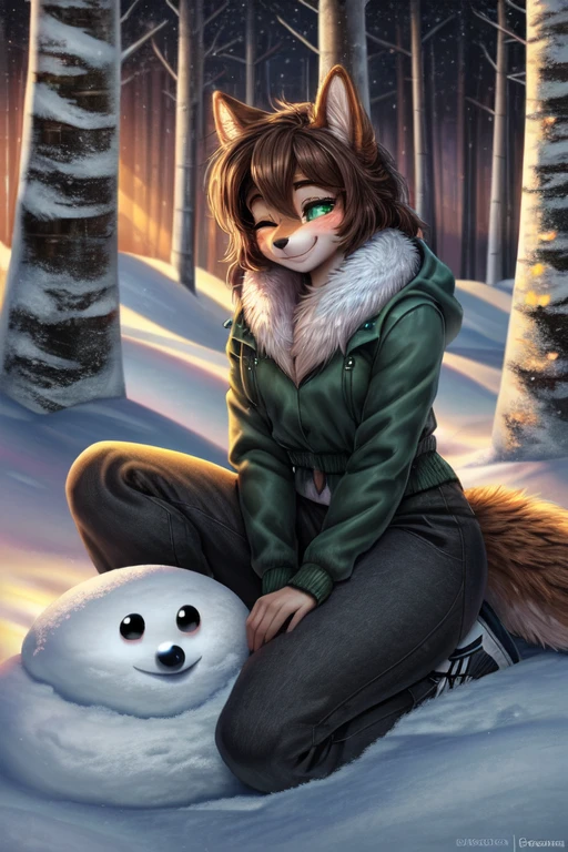 ((best quality)), ((masterpiece)), (detailed), perfect face, Furry, male, anthropomorphic wolf, Russet brown fur, dark brown hair, dark green eyes, 6'1 and 173 lbs, 41" Chest, 19" Shoulders, 13" Biceps, 32" waist, 23" Thighs, 15" Calves, 19" Back, wearing Spring Green Anorak, wearing fur lined Anorak, wearing black sweat pants, wearing dark slate gray slip on shoes, Winter scene, forest scene, birch forest, located back behind a suburban cul-de-sac, cloudy skies, gray skies, crepuscular rays, twilight, on knees, eyes closed, warm smile, gentle smile, comforting smile, gently hugging snowman, beside snowman, to the left of snowman, dynamic lighting, perfect shading, soft shading, soft colors, vivid colors, pastel colors, Liminal space, dream core, nostalgia core, Anemoia, Kenopsia,