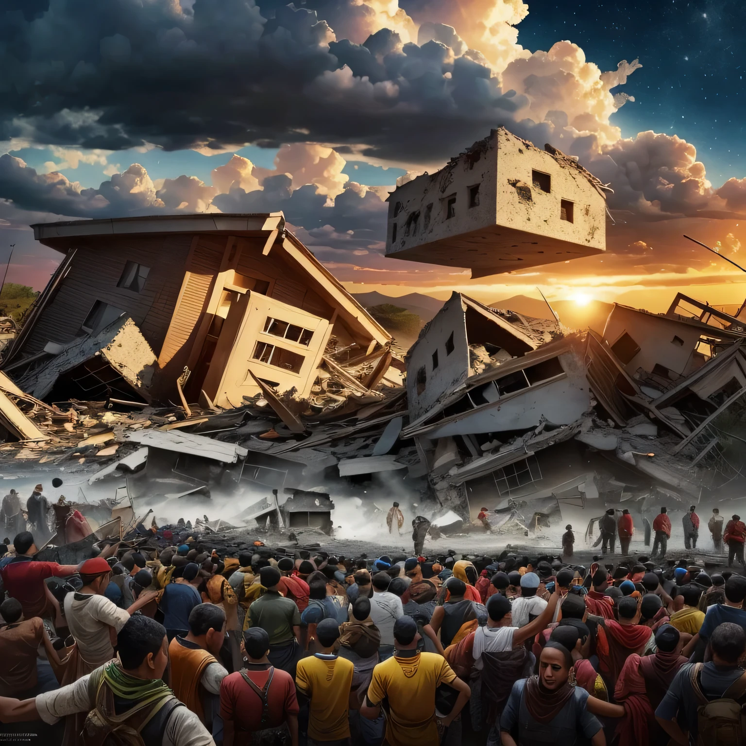 arafed image of a collage of a group of people in a field, disaster photography, tsunami, buildings collapsed, destroying houses, mutiversal tsunami, by Ignacio Zuloaga, an amazing photo, devastation, photomontage, stefan koidl, by Zoran Mušič, by Francis Zuniga